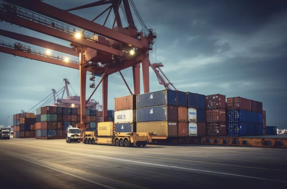 Cranes loading containers at the port